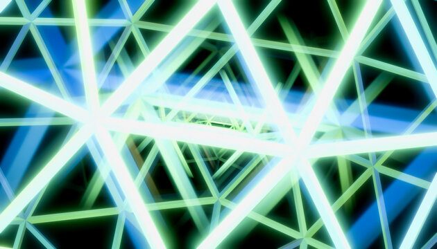 Bright intersecting neon lines form a dynamic geometric pattern on a dark background. Blender illustration
