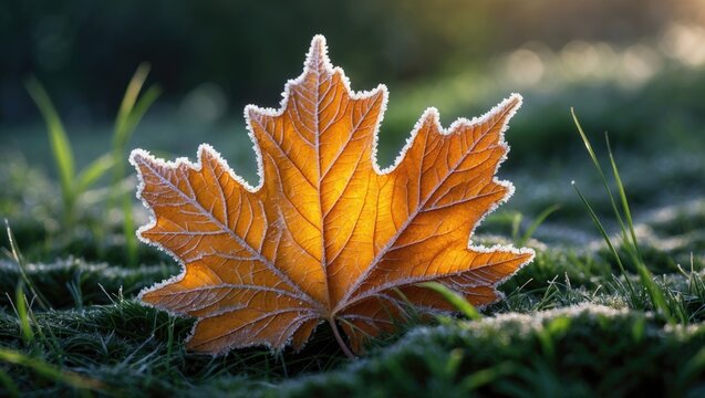 Detailed view of a frosty autumn leaf on the ground, emphasizing the warm golden-orange colors with ice crystal patterns.