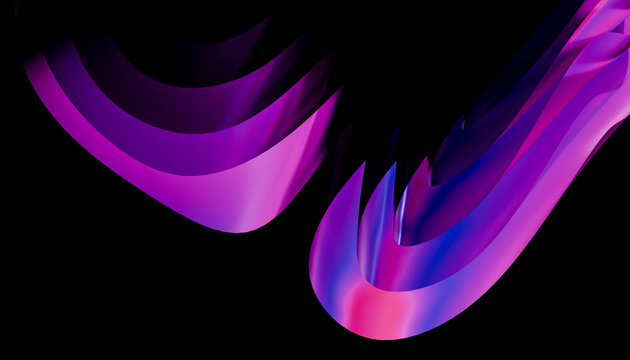Abstract vibrant purple and pink flowing shapes with smooth gradients on a black background. Blender 3D illustration