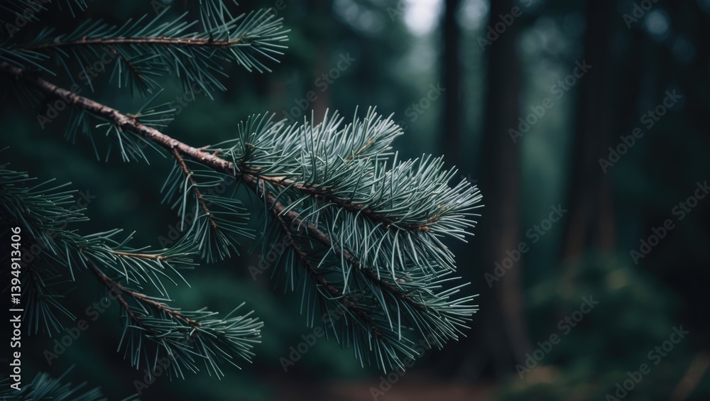 Poster detailed view of a fir tree branch. shallow focus effect. soft fir tree branch close-up.