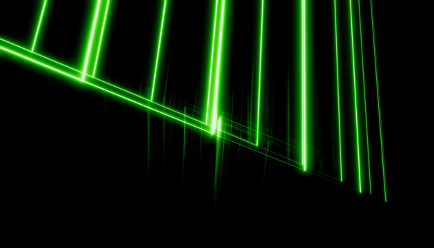 Bright green laser beams crossing against a black background with a futuristic glow. Blender 3D illustration
