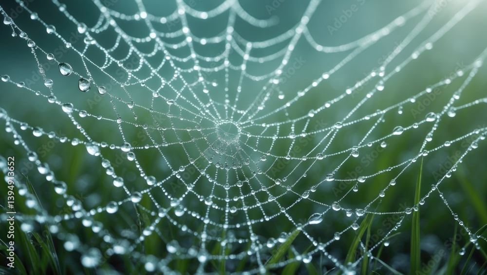 Poster lovely nature setting with a string of water droplets on a cobweb amidst grass.