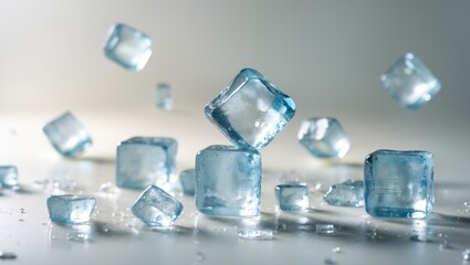Ice cube in free fall, isolated on a white surface, with selective focus