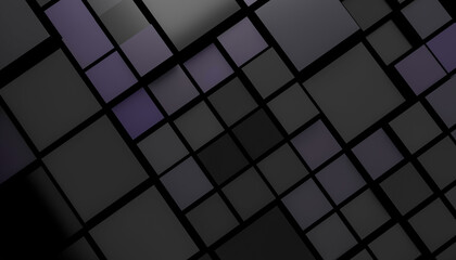 Abstract 3D grid of various-sized black and gray squares with subtle purple accents. Blender 3D illustration