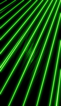 Bright green diagonal laser beams form a striking pattern against a dark background. Blender 3D illustration