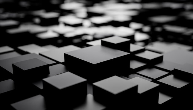 Fototapeta Abstract 3D render of floating black cubes on a dark background. Blender 3D illustration