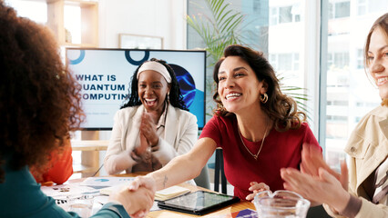 Business people, handshake and women in office, meeting or presentation for quantum computing....