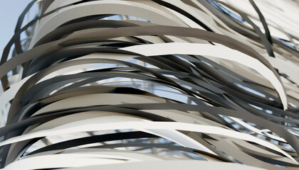 Abstract close-up of intertwined black and white ribbons creating a dynamic pattern. Blender 3D illustration