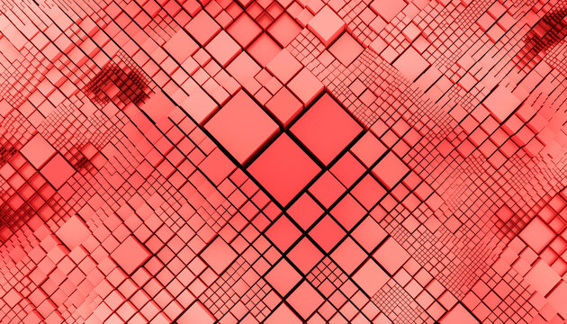 Abstract red geometric pattern with 3D cubes and squares creating a dynamic layered effect. Blender 3D illustration