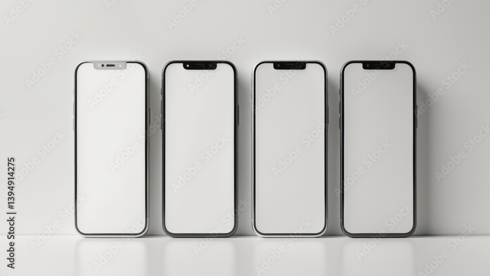 Poster collection of flat rays featuring smartphone mockups with empty screens isolated against a white bac