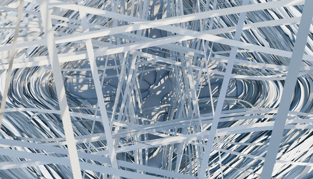 Abstract pattern of interwoven white and blue lines creating a geometric optical illusion. Blender 3D illustration