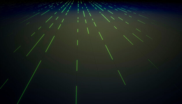 Green digital lines form a futuristic grid pattern on a dark background. Blender 3D illustration