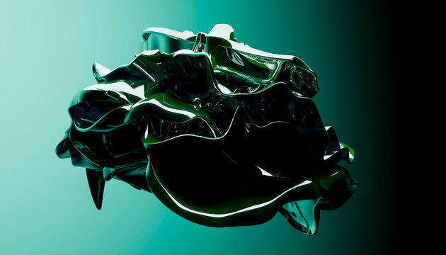 Abstract metallic green sculpture with smooth flowing curves on a gradient background. Blender 3D illustration