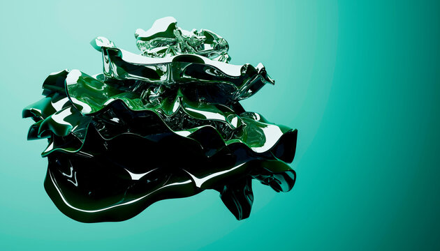 Shiny abstract metallic form with intricate folds on a teal gradient background. Blender 3D illustration
