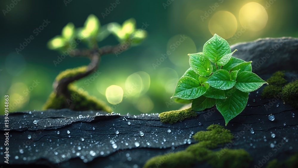 Poster horizontal format image of a blurred dark green backdrop with bokeh, showcasing a small tree growing