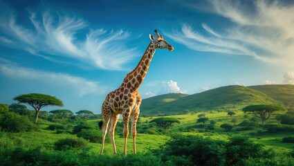 Obraz premium Elegant giraffe amidst lush grass against a colorful blue sky