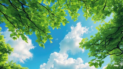 Obraz premium Observing trees and the clear blue sky. Gorgeous bright clouds in the daytime. The bright green leaves on the tree branches are a refreshing sight in summer.