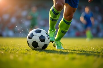 Soccer player kicking the ball during a game. Close up view. Focus on Ball.