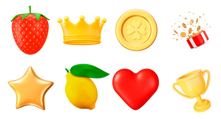 Strawberry, crown, lucky coin, star, lemon, heart, trophy, box with flying golden coins. 3D casino icon set. Stock vector illustration on isolated background.