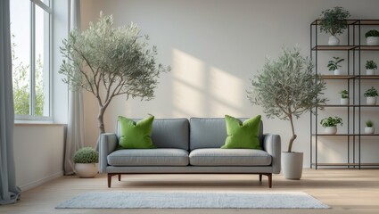 Fototapeta premium Well-lit lounge area showcasing a sofa, olive tree, and shelf units