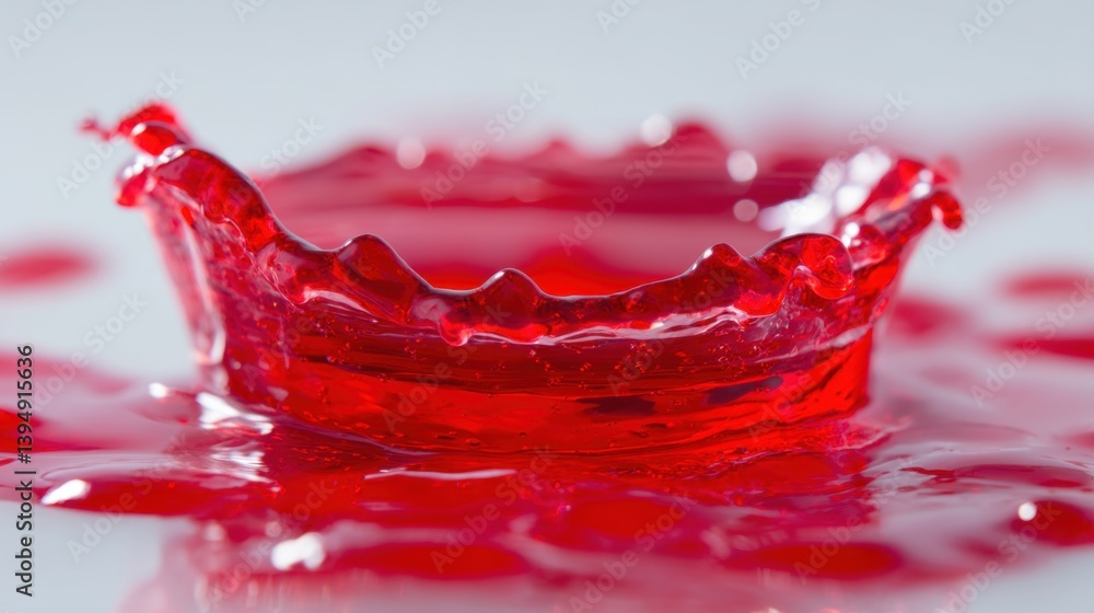 Poster dynamic capture of red liquid splash forming a crown shape against a clean background in macro photo