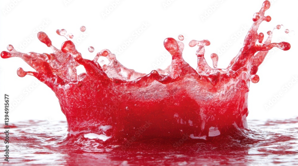 Poster crimson liquid bursting forth creating a dynamic crown shape against a clean white backdrop in a stu
