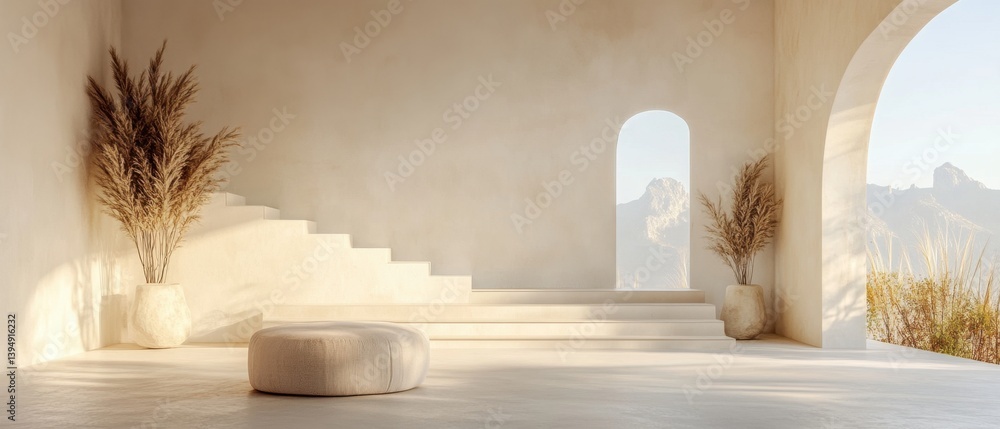 Poster serene interior with stairs archway and mountain view creating a peaceful and minimalist atmosphere 