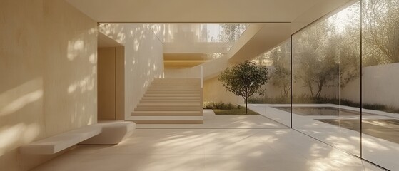Fototapeta premium Serene villa interior with minimalist staircase and sunlit courtyard view offering modern architectural design and tranquil atmosphere for luxury living