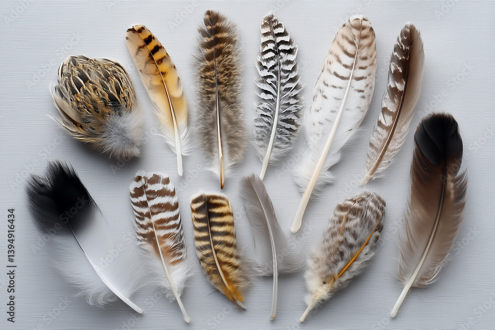 Poster collection of colorful feathers from various bird species arranged on a textured surface