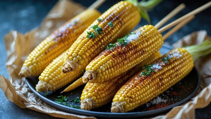 Grilled corn with salt and spices. Dark backdrop. Quick meal.