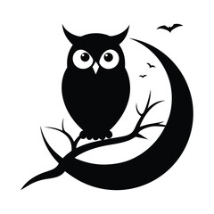 Obraz premium Silhouetted Owl On Crescent Moon Branch Under Starry Night Sky