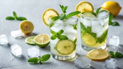 Fototapeta premium Iced tea featuring lemon, lime, mint, and ice