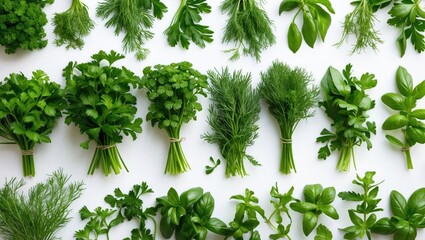 Naklejka premium Separated parsley, coriander, dill, clipping path, complete depth of field.