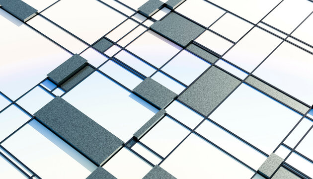 Fototapeta Abstract geometric pattern with blue and white three-dimensional rectangles. Blender 3D illustration