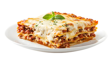 Layered lasagna slice with melted cheese, placed on a white plate,