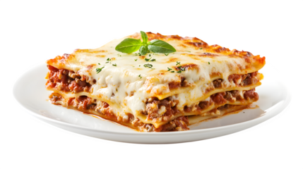 Layered lasagna slice with melted cheese, placed on a white plate,