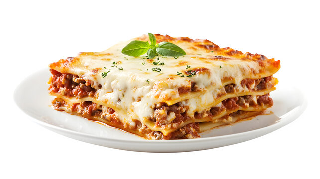 Layered lasagna slice with melted cheese, placed on a white plate,