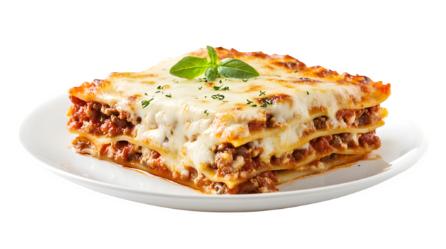 Layered lasagna slice with melted cheese, placed on a white plate, - Powered by Adobe