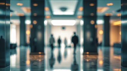 Fototapeta premium Blurred view of a hotel or office building lobby lounge, focusing on the reception hall, with a modern luxury white room and a blurry corridor complemented by glass wall windows
