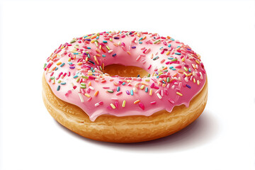 Bright pink frosted donut with colorful sprinkles on a white background