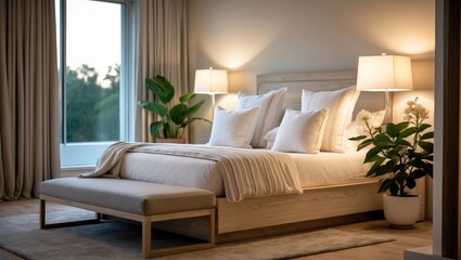 Interior design of a bedroom showcasing a plush bed and glowing lighting