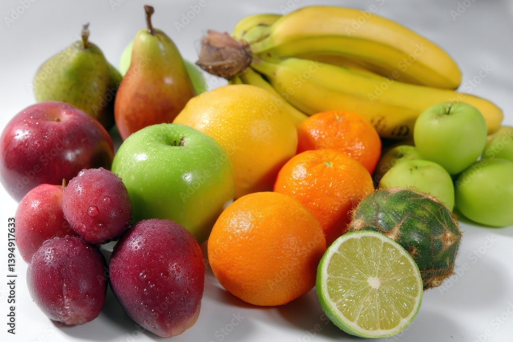 Poster vibrant array of fresh fruits apples bananas oranges pears plums and kiwis on a white background cre