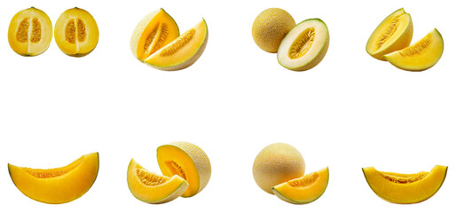 Set of Whole Yellow Melon and Sliced Piece Isolated on Transparent Background, PNG