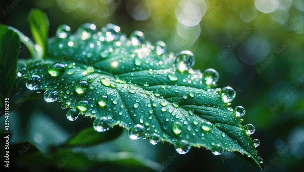 Aufkleber A detailed view of a solitary green leaf adorned with sparkling dew drops, showcasing an enchanting array of reflections and textures.