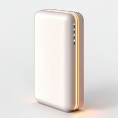 Hyperrealistic vertical smart modem with soft edged white body and thin glowing light strip running top to bottom, silent network design, white background