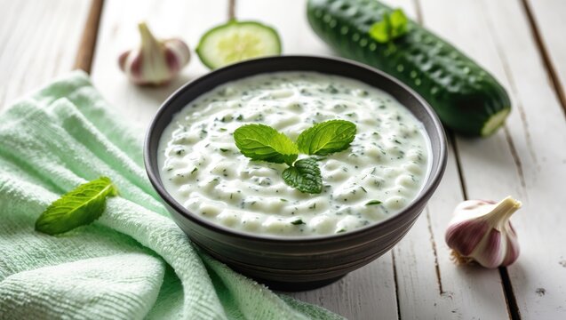Cucumber and herb Indian raita sauce made with yogurt on a white wooden backdrop. copy space.