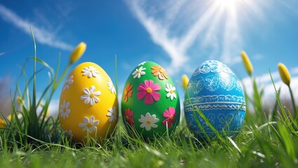 Colorful easter eggs scattered on grass under a radiant spring sky.