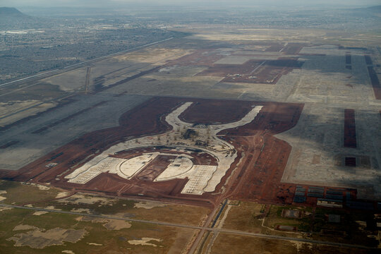 Aerial view of unfinished construction site of the New International Airport of Mexico City, NAIM, Texcoco, Mexico