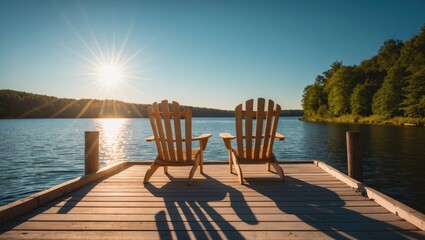 Cottage living - Dawn over two vacant chairs on a lakeside dock. Sunlight casts elongated shadows on the timber pier.