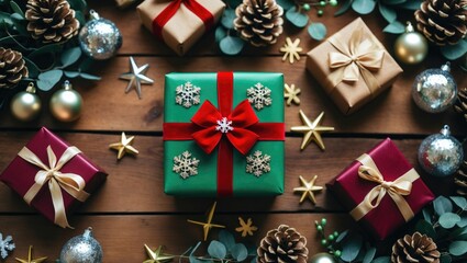 Fototapeta premium Christmas cheer concepts featuring a decorated gift box and ornament elements on a wooden table backdrop. Seasonal greetings and activity suggestions. Bird's-eye view.
